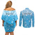 Personalized Fiji Spring Break Couples Matching Off Shoulder Short Dress and Long Sleeve Button Shirts Fijian Tapa Pattern Blue LT05 - Polynesian Pride