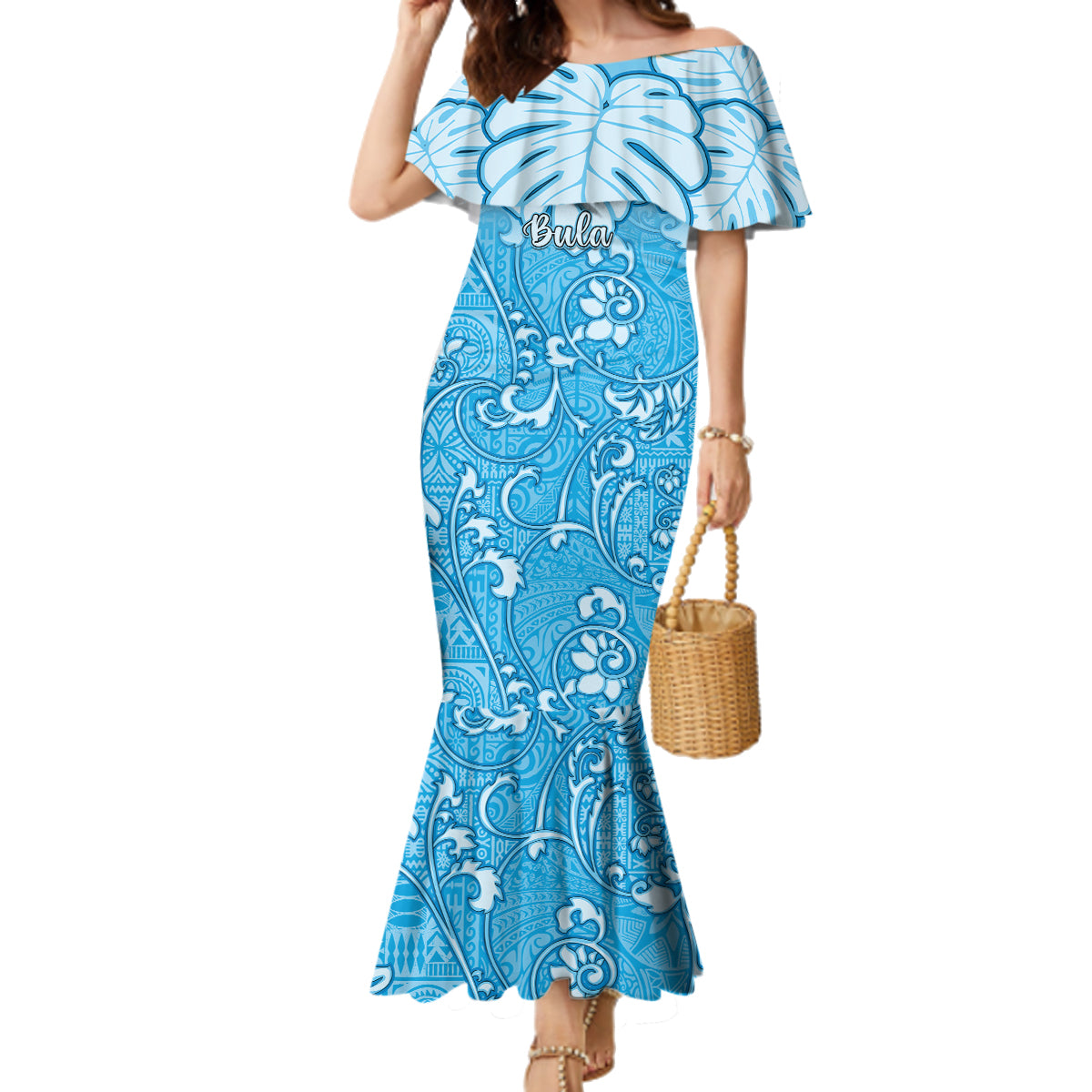 Personalized Fiji Spring Break Family Matching Mermaid Dress and Hawaiian Shirt Fijian Tapa Pattern Blue LT05 Mom's Dress Blue - Polynesian Pride