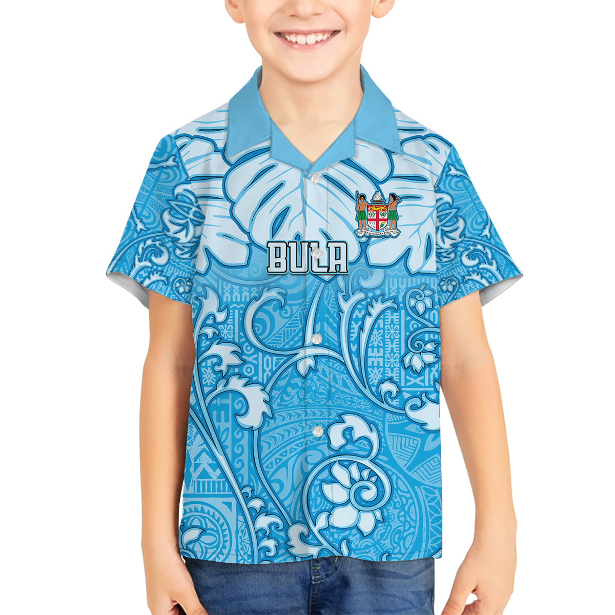 Personalized Fiji Spring Break Family Matching Off Shoulder Maxi Dress and Hawaiian Shirt Fijian Tapa Pattern Blue LT05 Son's Shirt Blue - Polynesian Pride