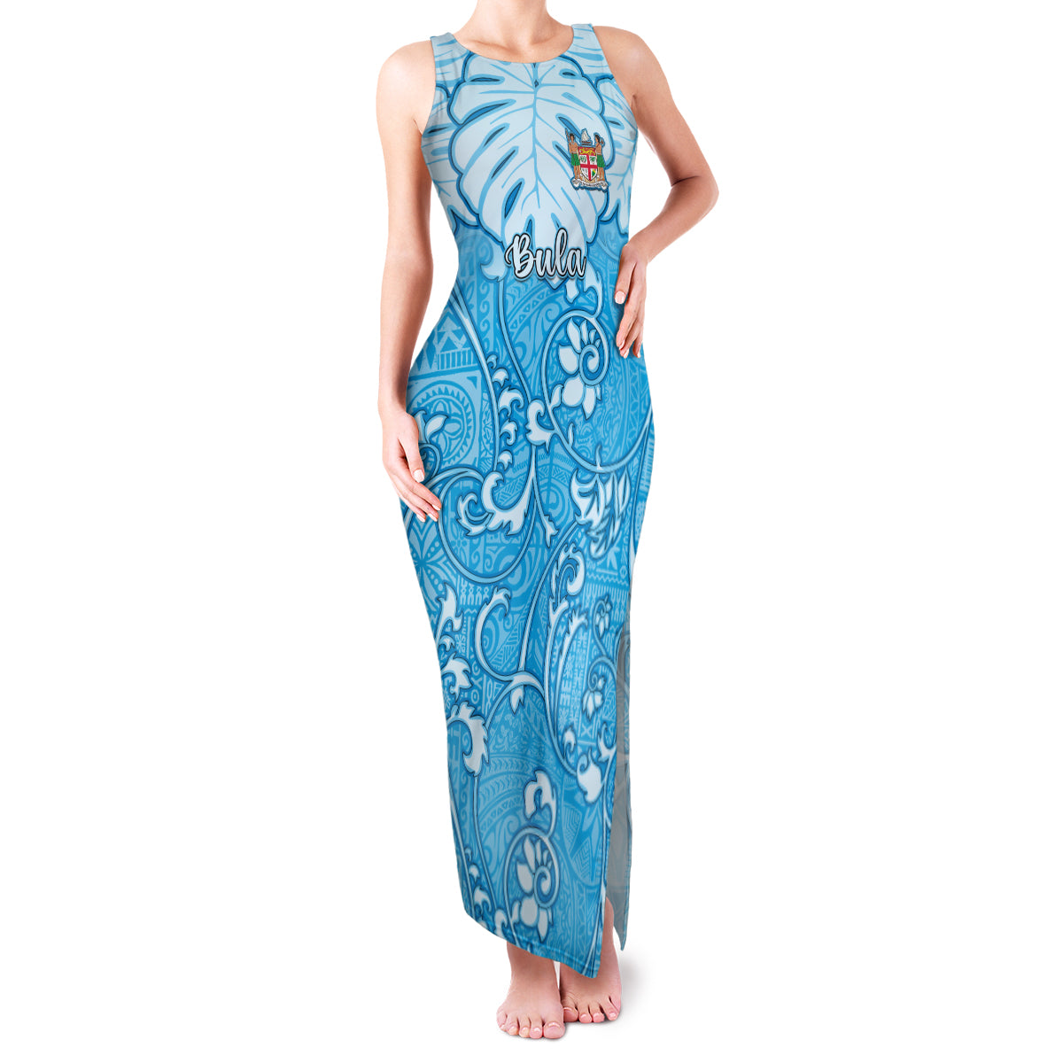 Personalized Fiji Spring Break Family Matching Tank Maxi Dress and Hawaiian Shirt Fijian Tapa Pattern Blue LT05 Mom's Dress Blue - Polynesian Pride