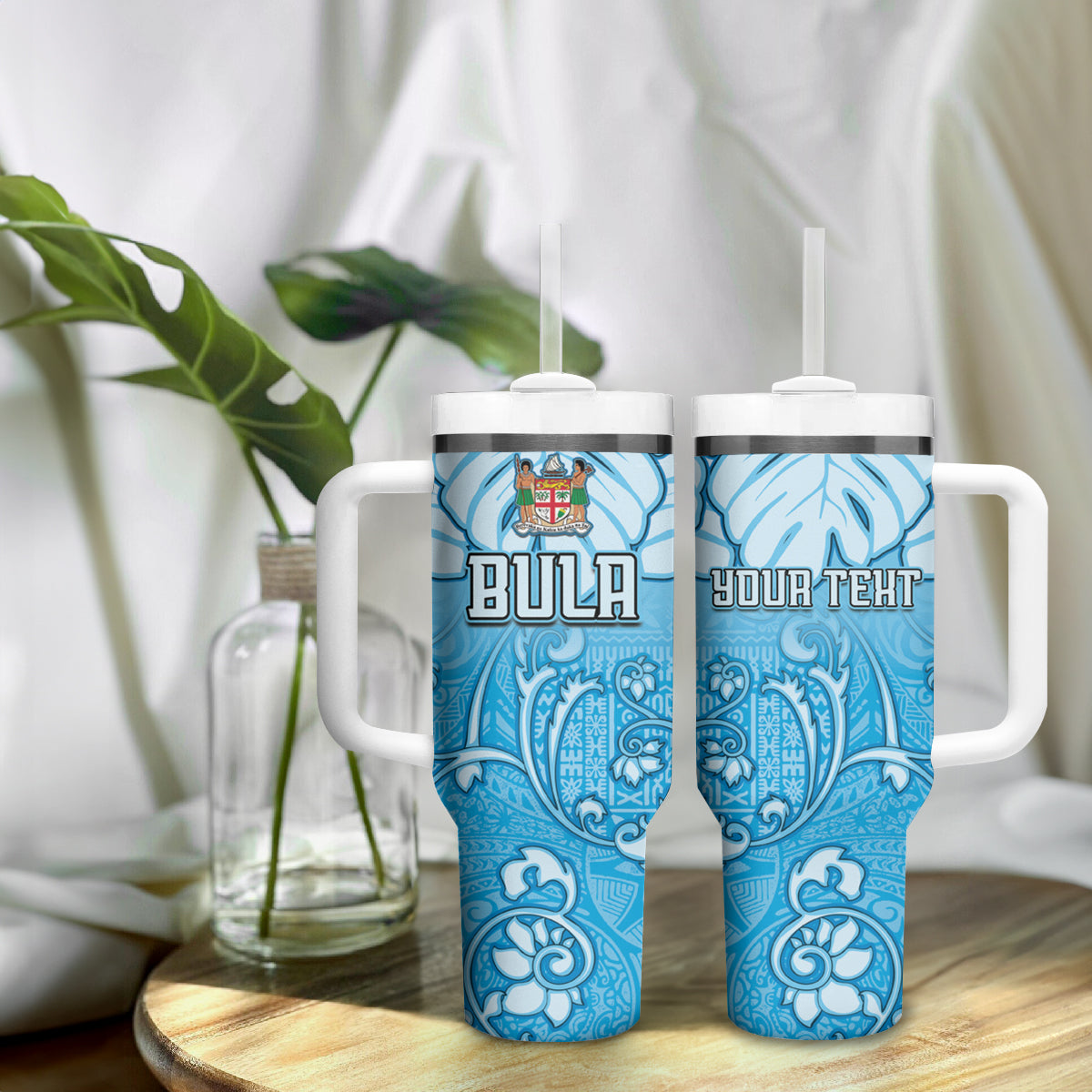 Personalized Fiji Spring Break Tumbler With Handle Fijian Tapa Pattern Blue LT05 - Polynesian Pride