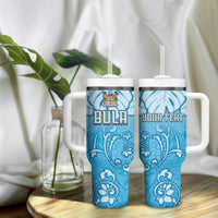 Personalized Fiji Spring Break Tumbler With Handle Fijian Tapa Pattern Blue LT05 - Polynesian Pride