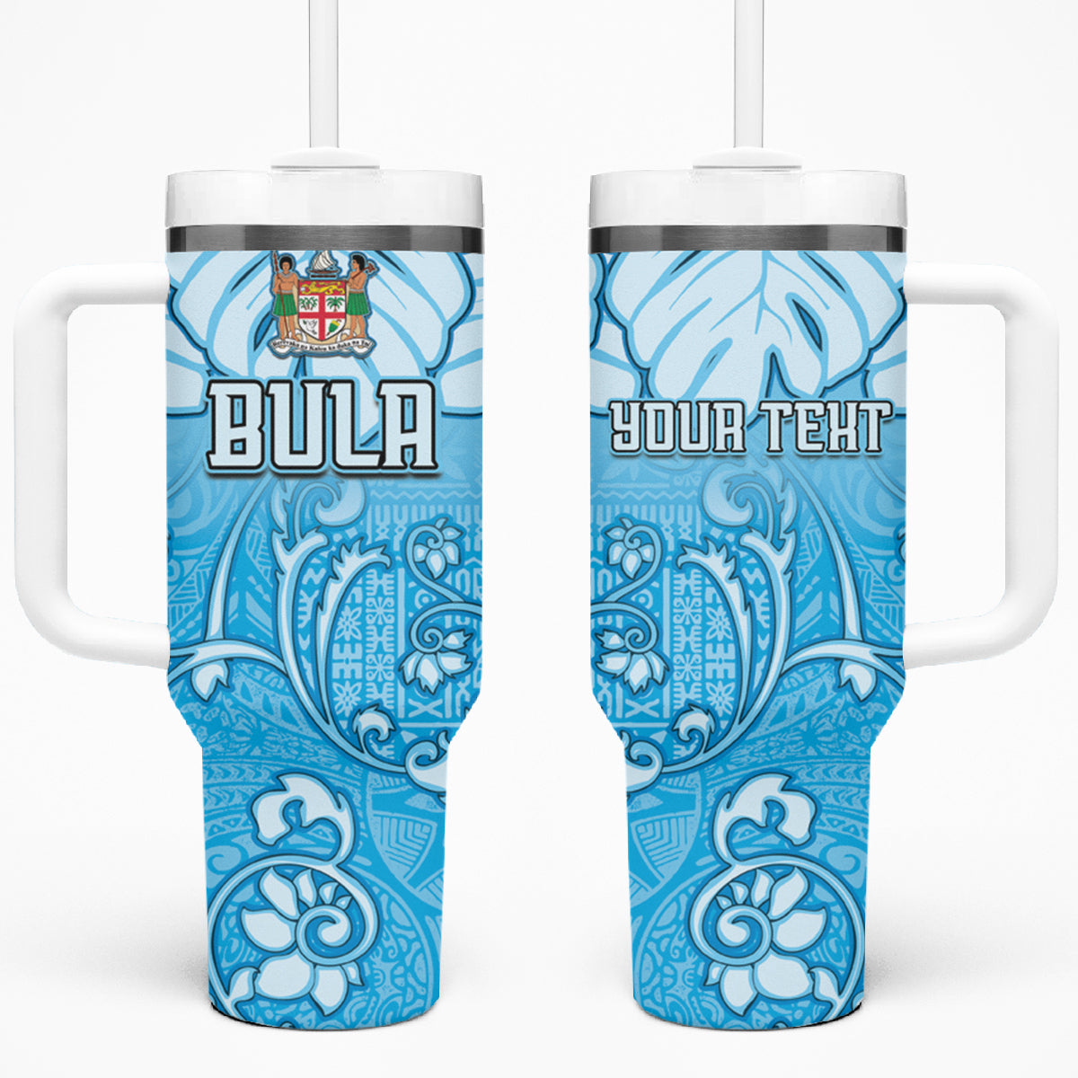 Personalized Fiji Spring Break Tumbler With Handle Fijian Tapa Pattern Blue LT05 One Size: 40 oz Blue - Polynesian Pride