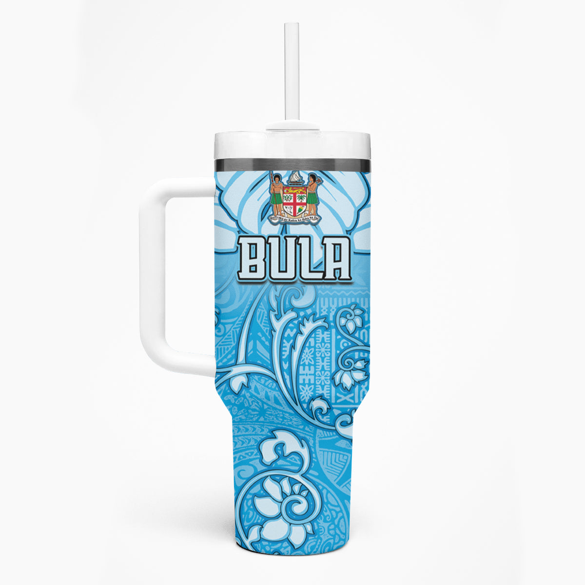 Personalized Fiji Spring Break Tumbler With Handle Fijian Tapa Pattern Blue LT05 - Polynesian Pride