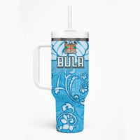 Personalized Fiji Spring Break Tumbler With Handle Fijian Tapa Pattern Blue LT05 - Polynesian Pride