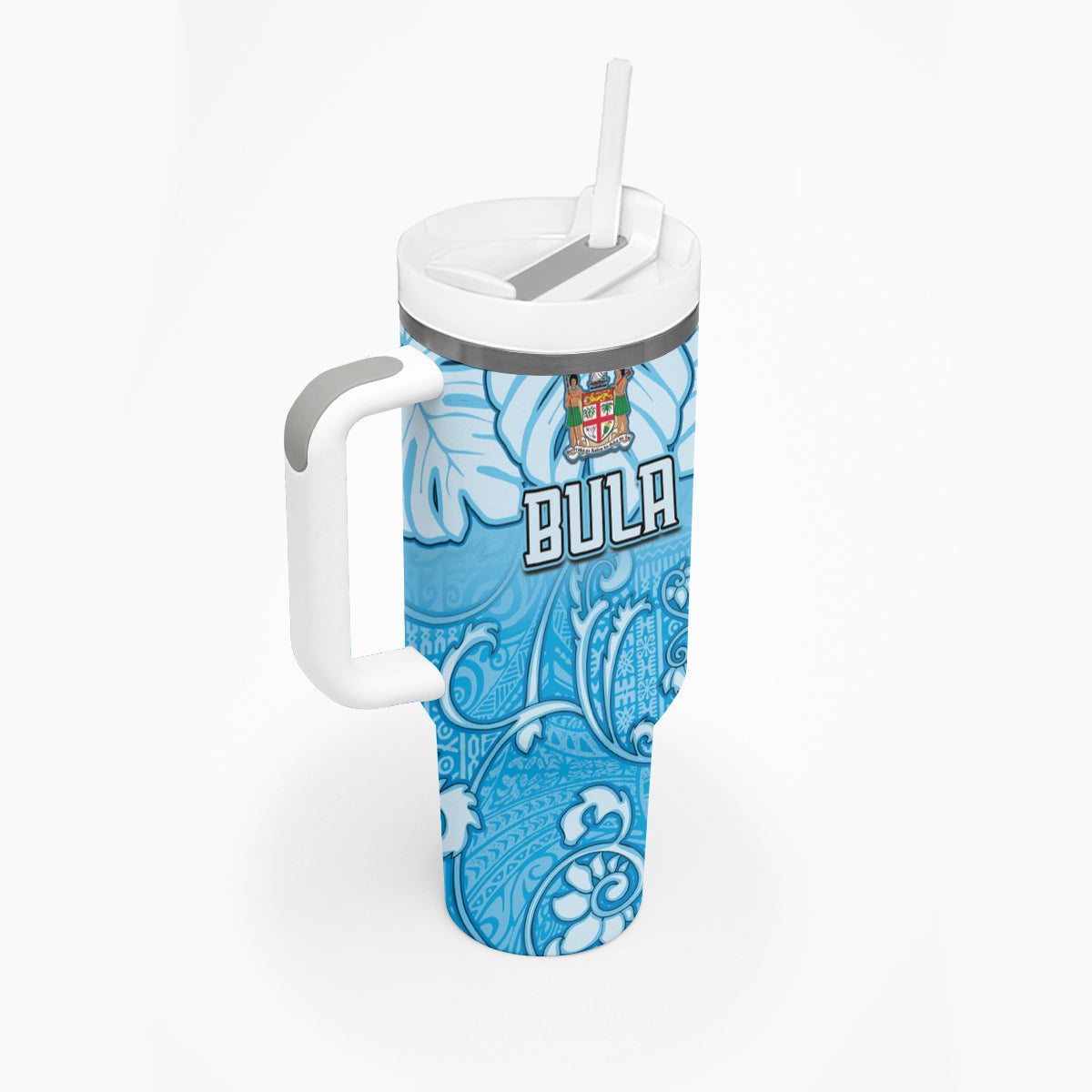 Personalized Fiji Spring Break Tumbler With Handle Fijian Tapa Pattern Blue LT05 - Polynesian Pride