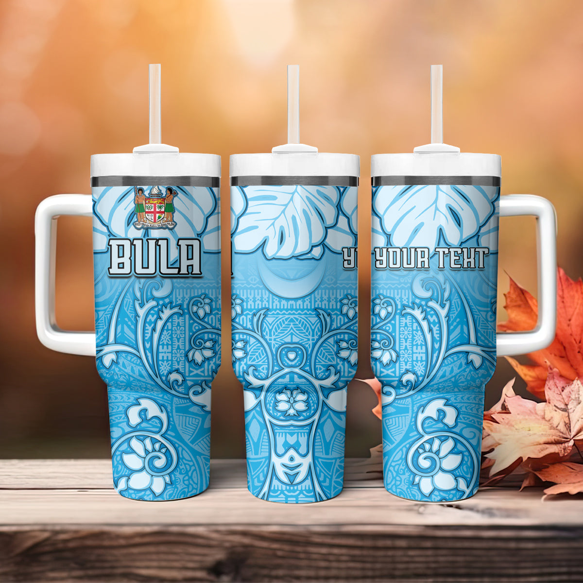Personalized Fiji Spring Break Tumbler With Handle Fijian Tapa Pattern Blue LT05 - Polynesian Pride