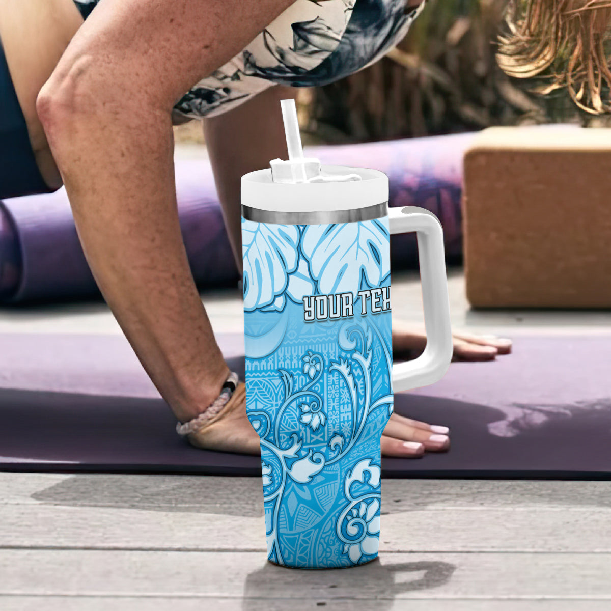 Personalized Fiji Spring Break Tumbler With Handle Fijian Tapa Pattern Blue LT05 - Polynesian Pride