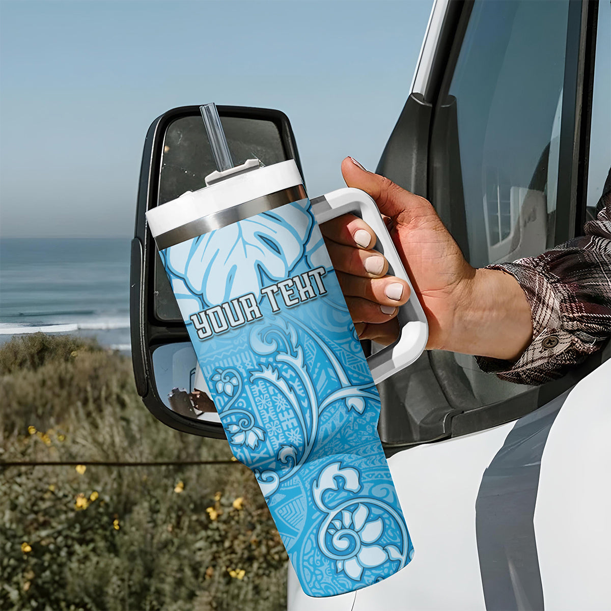 Personalized Fiji Spring Break Tumbler With Handle Fijian Tapa Pattern Blue LT05 - Polynesian Pride
