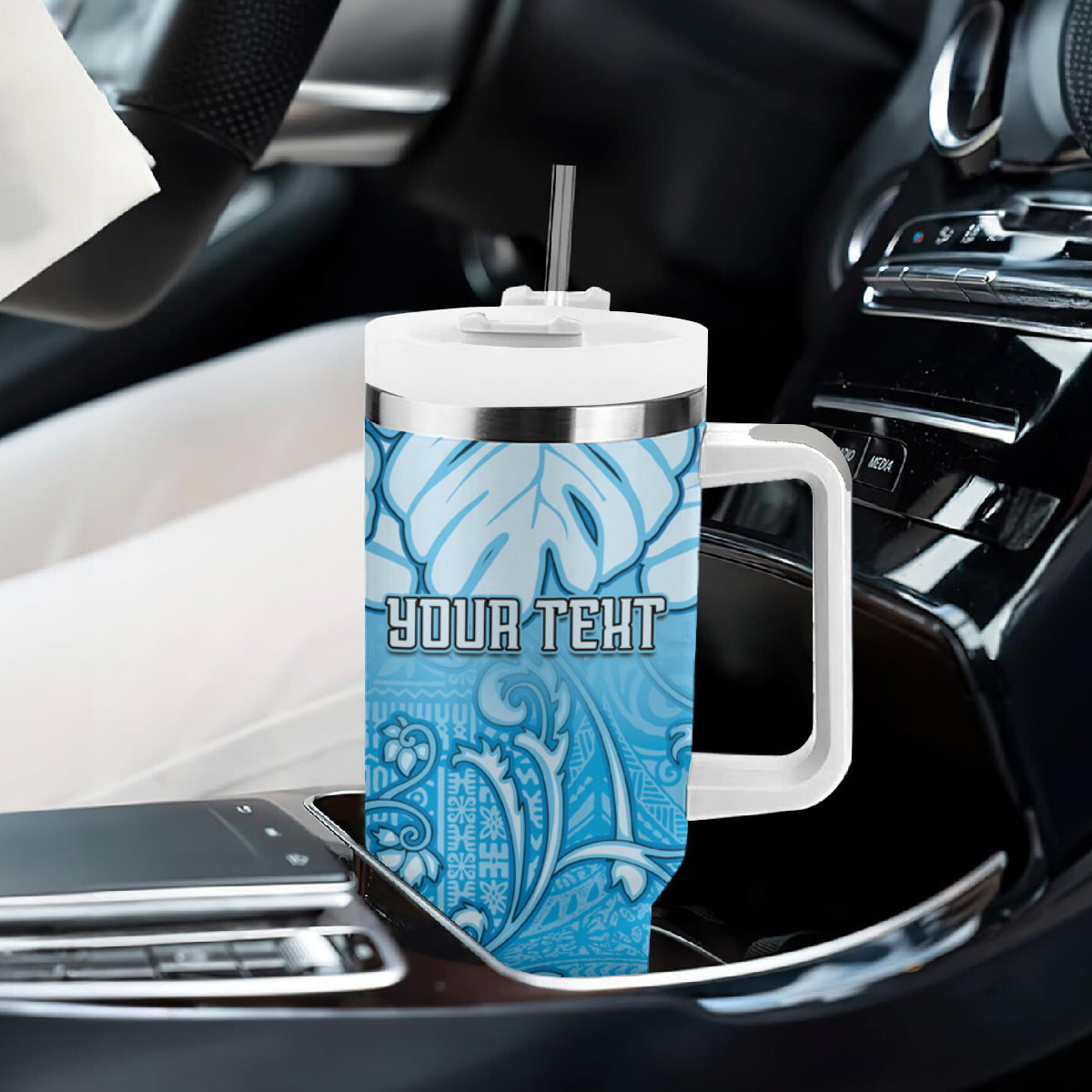 Personalized Fiji Spring Break Tumbler With Handle Fijian Tapa Pattern Blue LT05 - Polynesian Pride