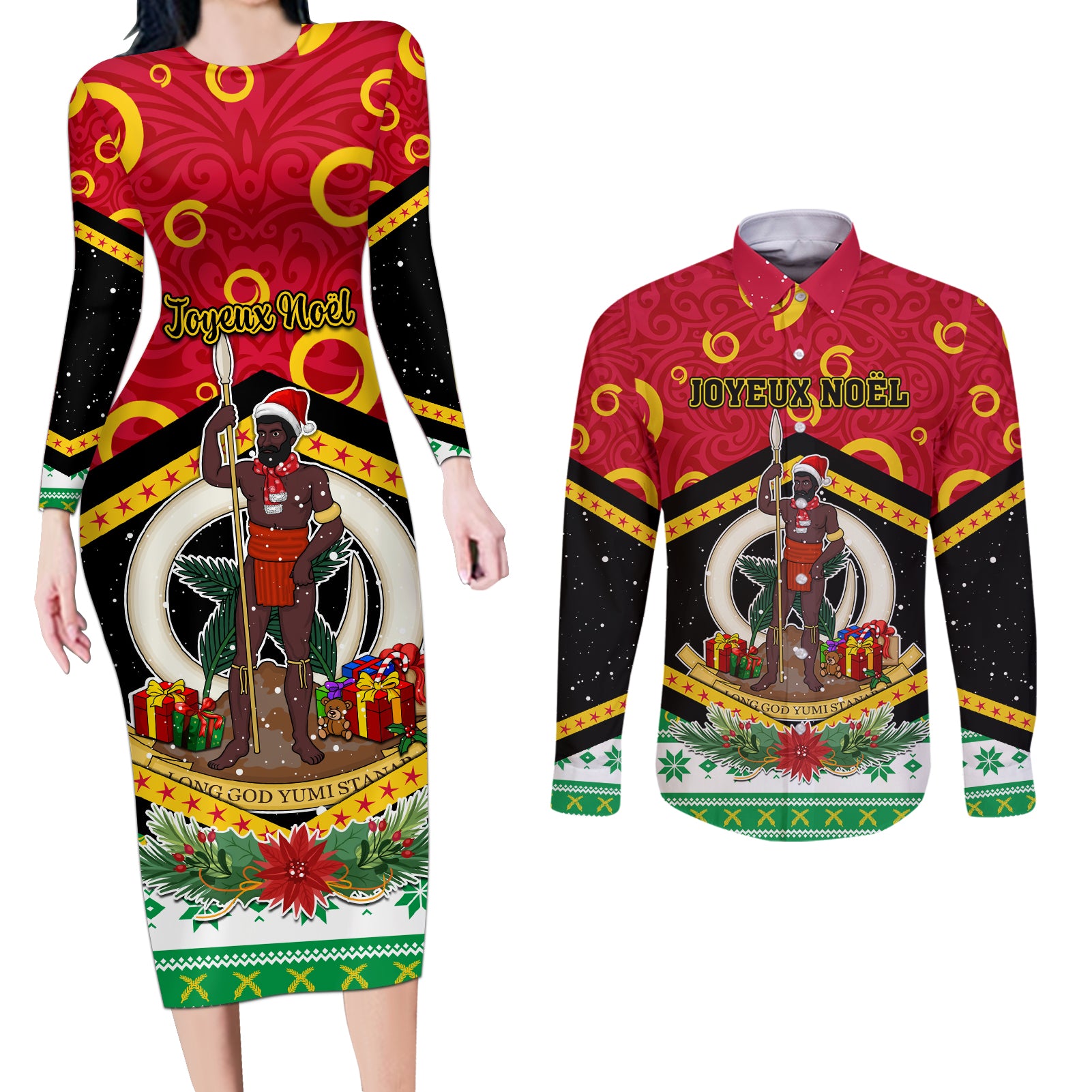 Personalized Vanuatu Christmas Couples Matching Long Sleeve Bodycon Dress and Long Sleeve Button Shirts Santa God Yumi LT05 Red - Polynesian Pride