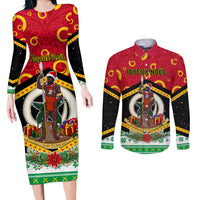 Personalized Vanuatu Christmas Couples Matching Long Sleeve Bodycon Dress and Long Sleeve Button Shirts Santa God Yumi LT05 Red - Polynesian Pride