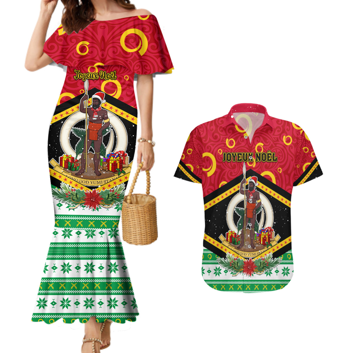 Personalized Vanuatu Christmas Couples Matching Mermaid Dress and Hawaiian Shirt Santa God Yumi LT05 Red - Polynesian Pride