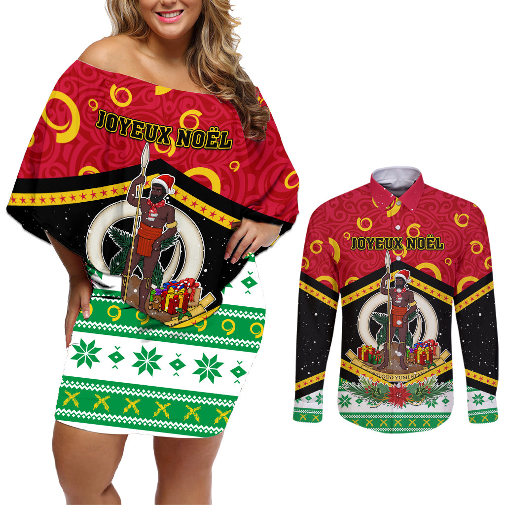 Personalized Vanuatu Christmas Couples Matching Off Shoulder Short Dress and Long Sleeve Button Shirts Santa God Yumi LT05 Red - Polynesian Pride