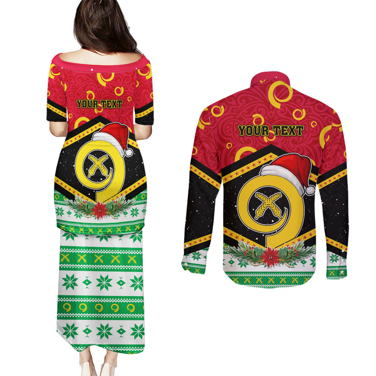 Personalized Vanuatu Christmas Couples Matching Puletasi Dress and Long Sleeve Button Shirts Santa God Yumi LT05 - Polynesian Pride