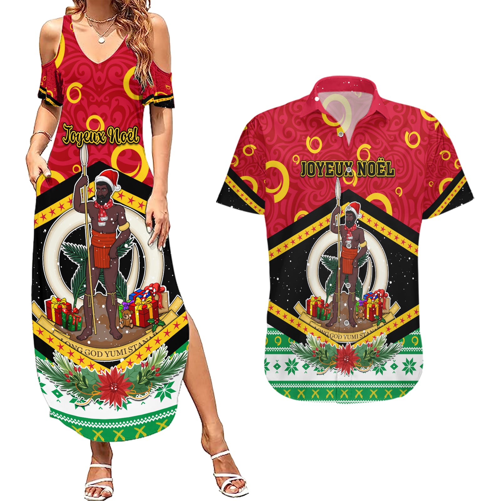 Personalized Vanuatu Christmas Couples Matching Summer Maxi Dress and Hawaiian Shirt Santa God Yumi LT05 Red - Polynesian Pride
