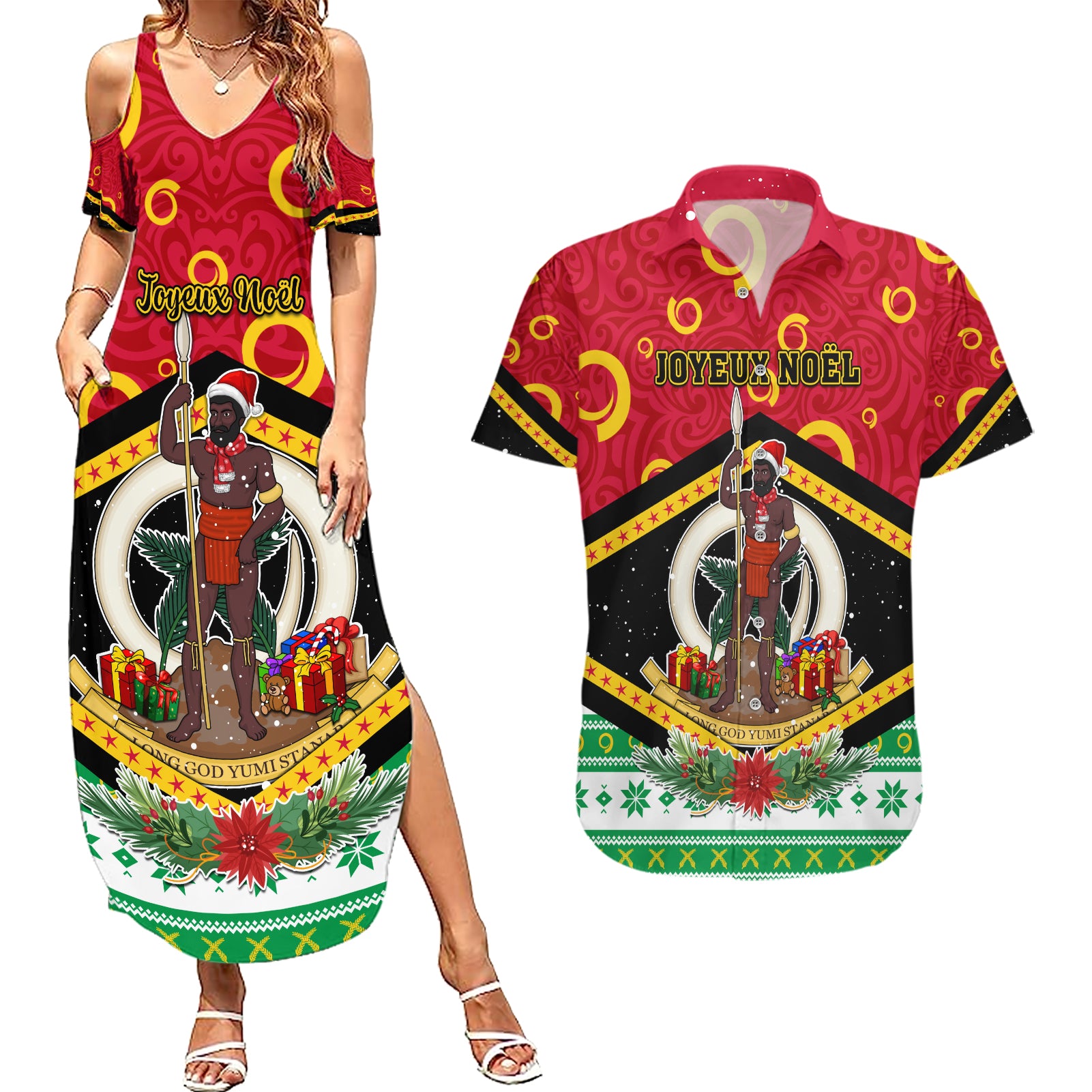 Personalized Vanuatu Christmas Couples Matching Summer Maxi Dress and Hawaiian Shirt Santa God Yumi LT05 Red - Polynesian Pride