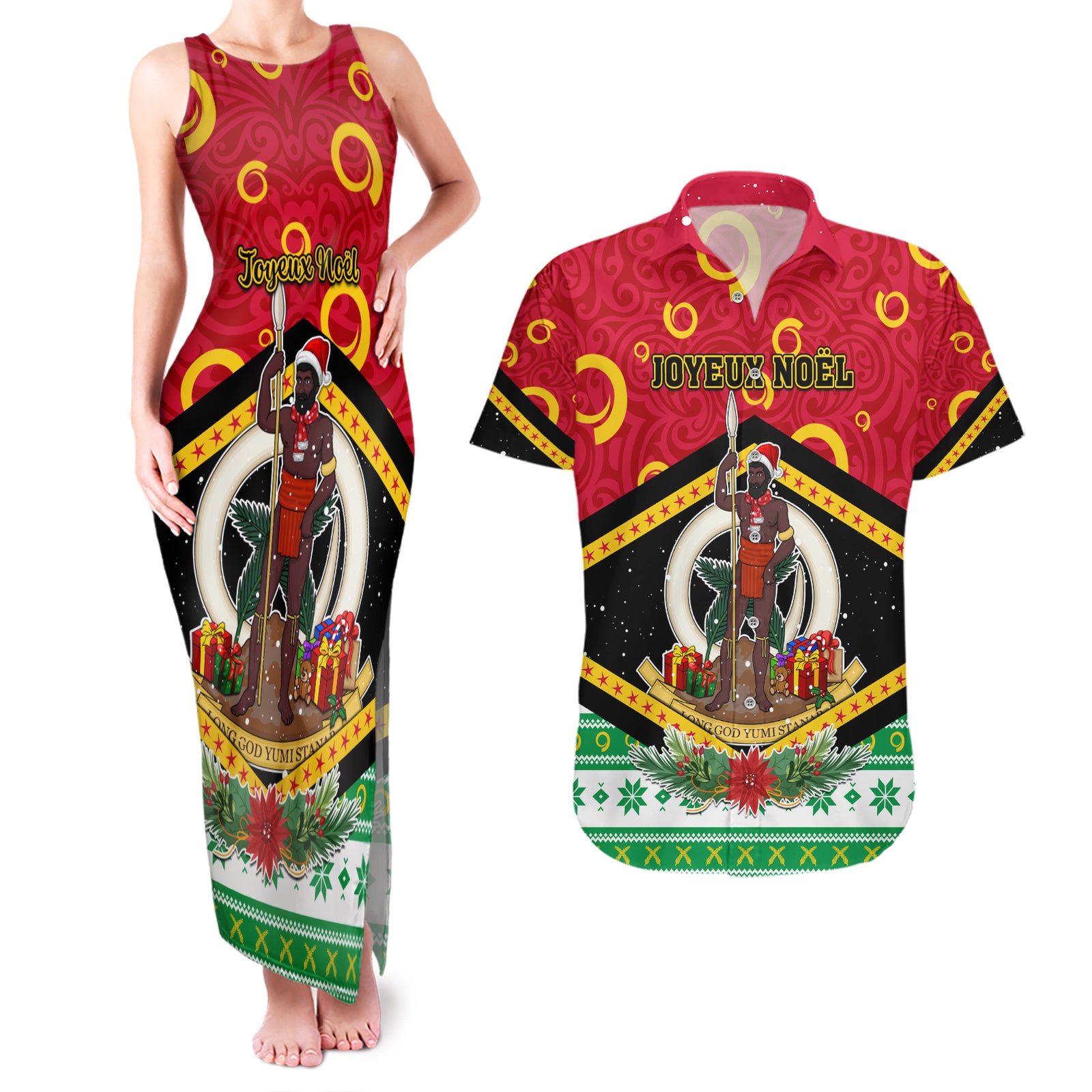Personalized Vanuatu Christmas Couples Matching Tank Maxi Dress and Hawaiian Shirt Santa God Yumi LT05 Red - Polynesian Pride