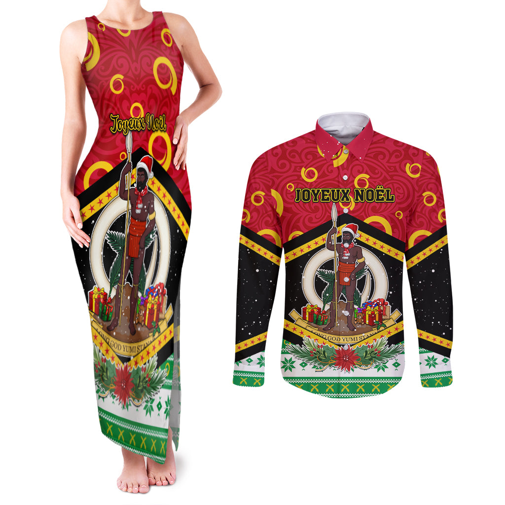 Personalized Vanuatu Christmas Couples Matching Tank Maxi Dress and Long Sleeve Button Shirts Santa God Yumi LT05 Red - Polynesian Pride