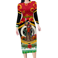 Personalized Vanuatu Christmas Family Matching Long Sleeve Bodycon Dress and Hawaiian Shirt Santa God Yumi LT05 Mom's Dress Red - Polynesian Pride