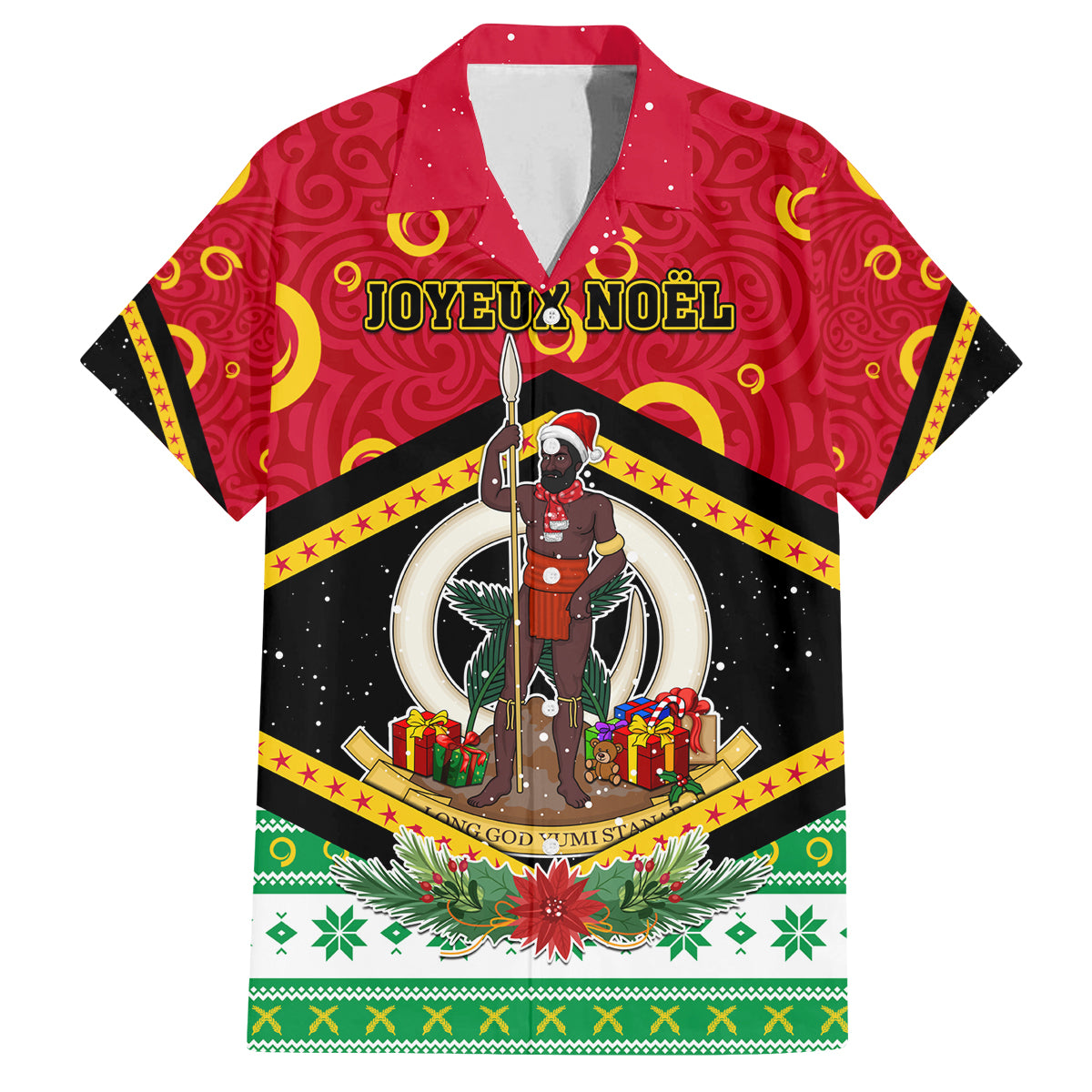 Personalized Vanuatu Christmas Family Matching Puletasi Dress and Hawaiian Shirt Santa God Yumi LT05 Dad's Shirt - Short Sleeve Red - Polynesian Pride