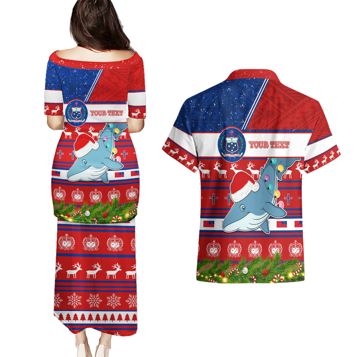 Personalized Samoa Christmas Couples Matching Puletasi Dress and Hawaiian Shirt Santas Whale Manuia Le Kerisimasi LT05 - Polynesian Pride