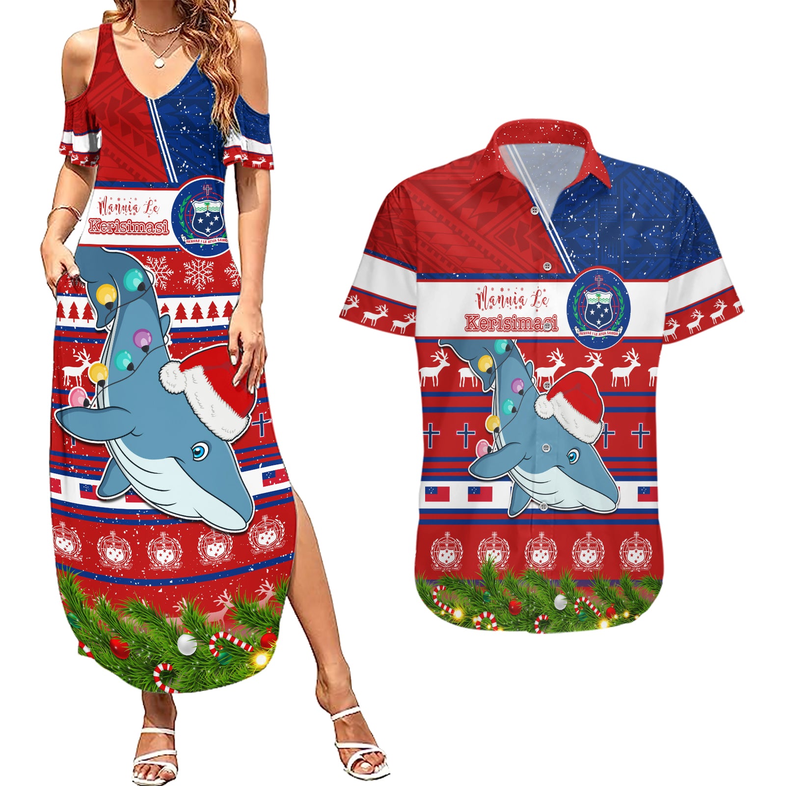 Personalized Samoa Christmas Couples Matching Summer Maxi Dress and Hawaiian Shirt Santas Whale Manuia Le Kerisimasi LT05 Red - Polynesian Pride