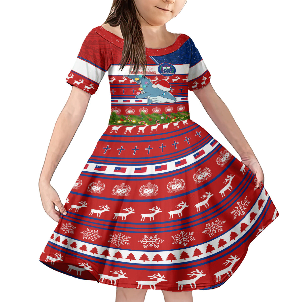 Personalized Samoa Christmas Family Matching Off Shoulder Long Sleeve Dress and Hawaiian Shirt Santas Whale Manuia Le Kerisimasi LT05 Daughter's Dress Red - Polynesian Pride