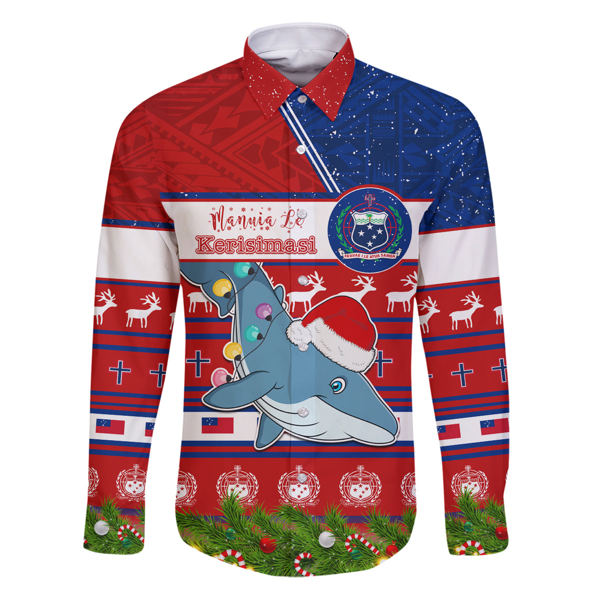 Personalized Samoa Christmas Family Matching Tank Maxi Dress and Hawaiian Shirt Santas Whale Manuia Le Kerisimasi LT05 Dad's Shirt - Long Sleeve Red - Polynesian Pride