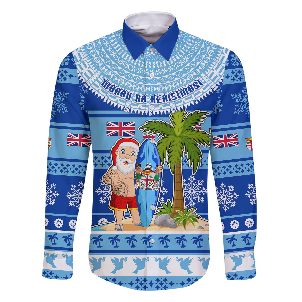 Personalized Fiji Christmas Family Matching Tank Maxi Dress and Hawaiian Shirt Santa Claus Surf Marau Na Kerisimasi LT05 Dad's Shirt - Long Sleeve Blue - Polynesian Pride