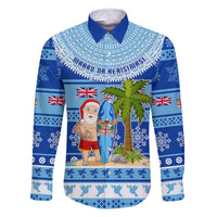 Personalized Fiji Christmas Family Matching Tank Maxi Dress and Hawaiian Shirt Santa Claus Surf Marau Na Kerisimasi LT05 Dad's Shirt - Long Sleeve Blue - Polynesian Pride