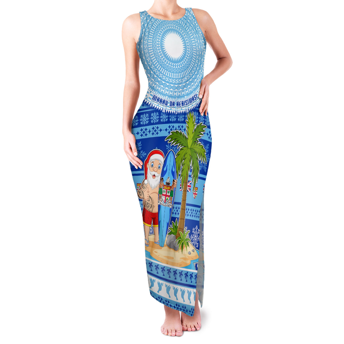 Personalized Fiji Christmas Family Matching Tank Maxi Dress and Hawaiian Shirt Santa Claus Surf Marau Na Kerisimasi LT05 Mom's Dress Blue - Polynesian Pride