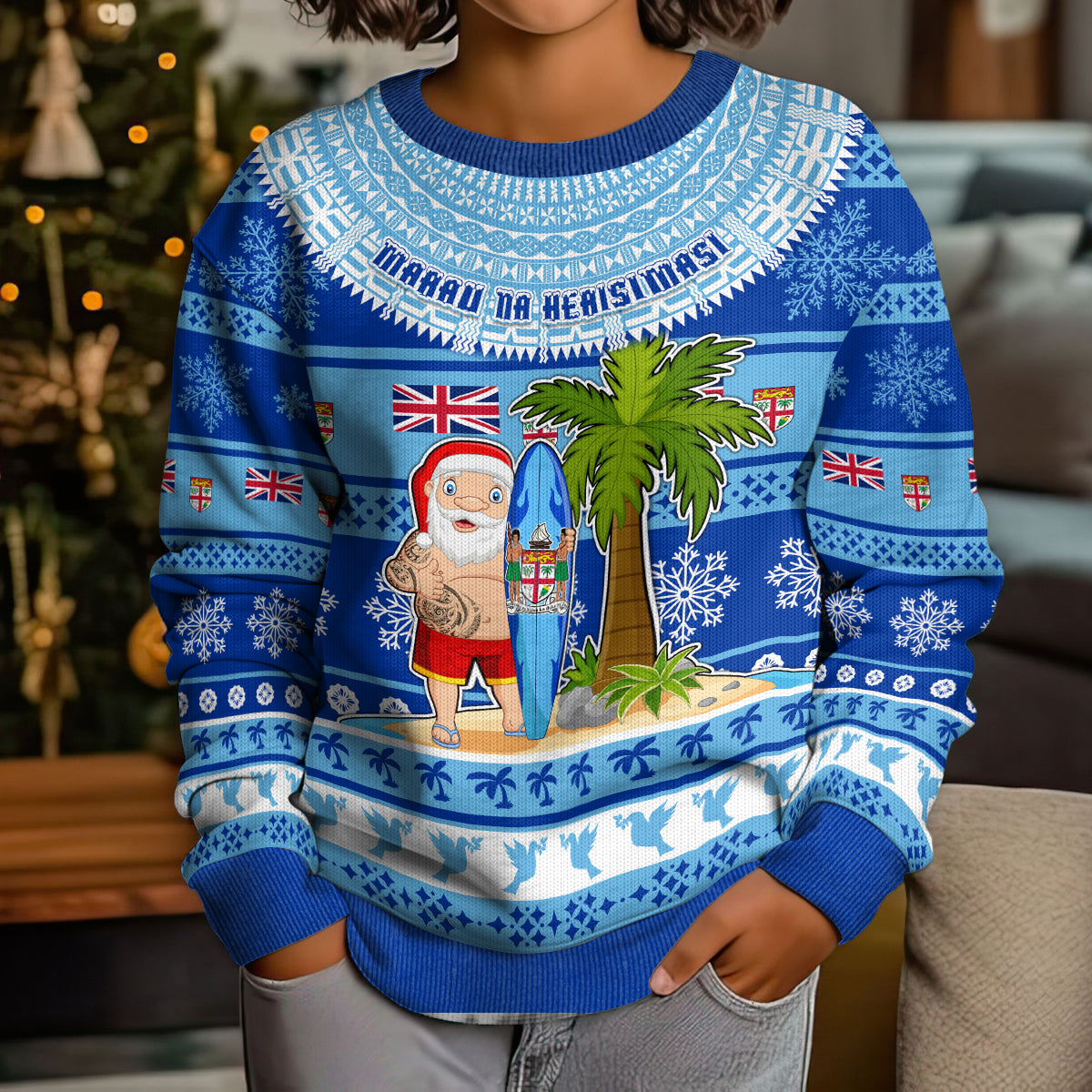 Personalised Fiji Christmas Kid Ugly Christmas Sweater Santa Claus Surf Marau Na Kerisimasi LT05 - Polynesian Pride