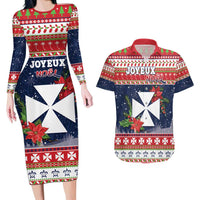 Wallis and Futuna Christmas Couples Matching Long Sleeve Bodycon Dress and Hawaiian Shirt Poinsettia Joyeux Noel LT05 Red - Polynesian Pride