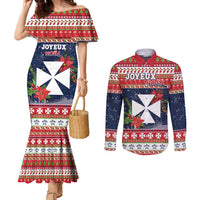 Wallis and Futuna Christmas Couples Matching Mermaid Dress and Long Sleeve Button Shirt Poinsettia Joyeux Noel LT05 Red - Polynesian Pride