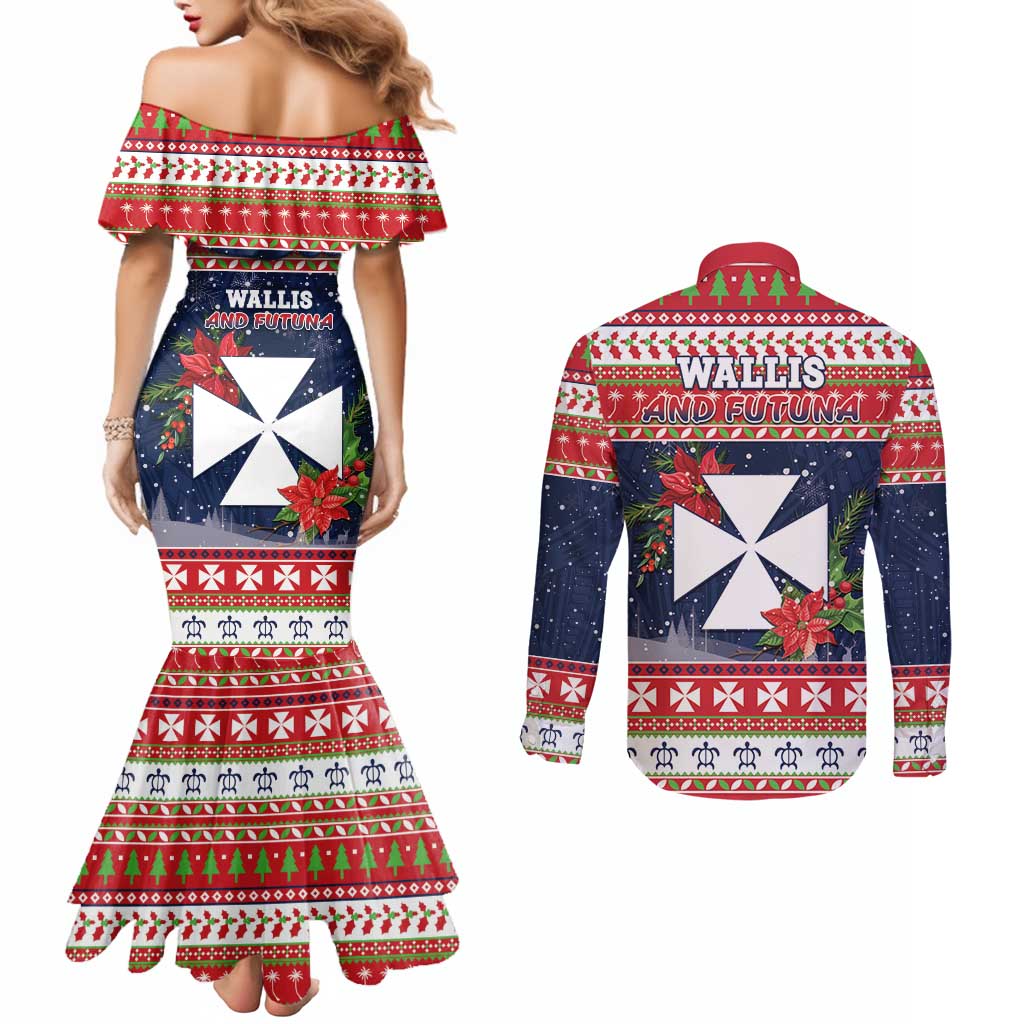 Wallis and Futuna Christmas Couples Matching Mermaid Dress and Long Sleeve Button Shirt Poinsettia Joyeux Noel LT05 - Polynesian Pride