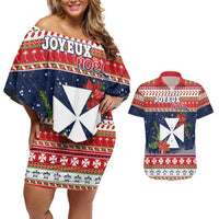 Wallis and Futuna Christmas Couples Matching Off Shoulder Short Dress and Hawaiian Shirt Poinsettia Joyeux Noel LT05 Red - Polynesian Pride