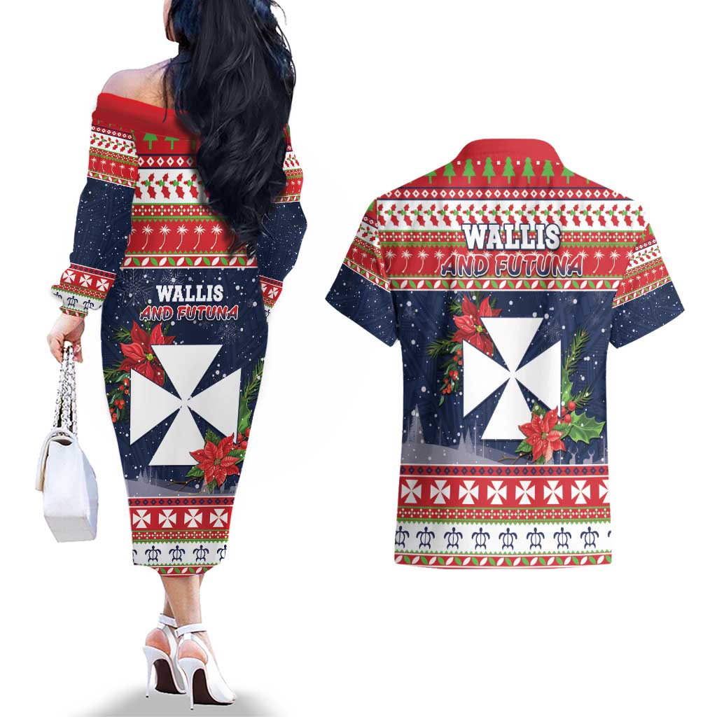Wallis and Futuna Christmas Couples Matching Off The Shoulder Long Sleeve Dress and Hawaiian Shirt Poinsettia Joyeux Noel LT05 - Polynesian Pride