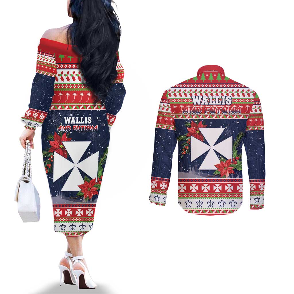 Wallis and Futuna Christmas Couples Matching Off The Shoulder Long Sleeve Dress and Long Sleeve Button Shirt Poinsettia Joyeux Noel LT05 - Polynesian Pride