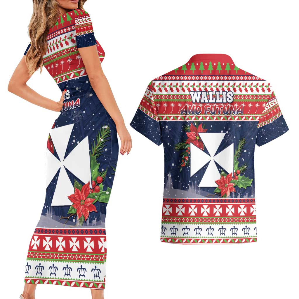 Wallis and Futuna Christmas Couples Matching Short Sleeve Bodycon Dress and Hawaiian Shirt Poinsettia Joyeux Noel LT05 - Polynesian Pride