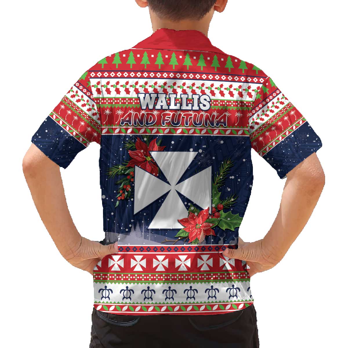 Wallis and Futuna Christmas Family Matching Off The Shoulder Long Sleeve Dress and Hawaiian Shirt Poinsettia Joyeux Noel LT05 - Polynesian Pride