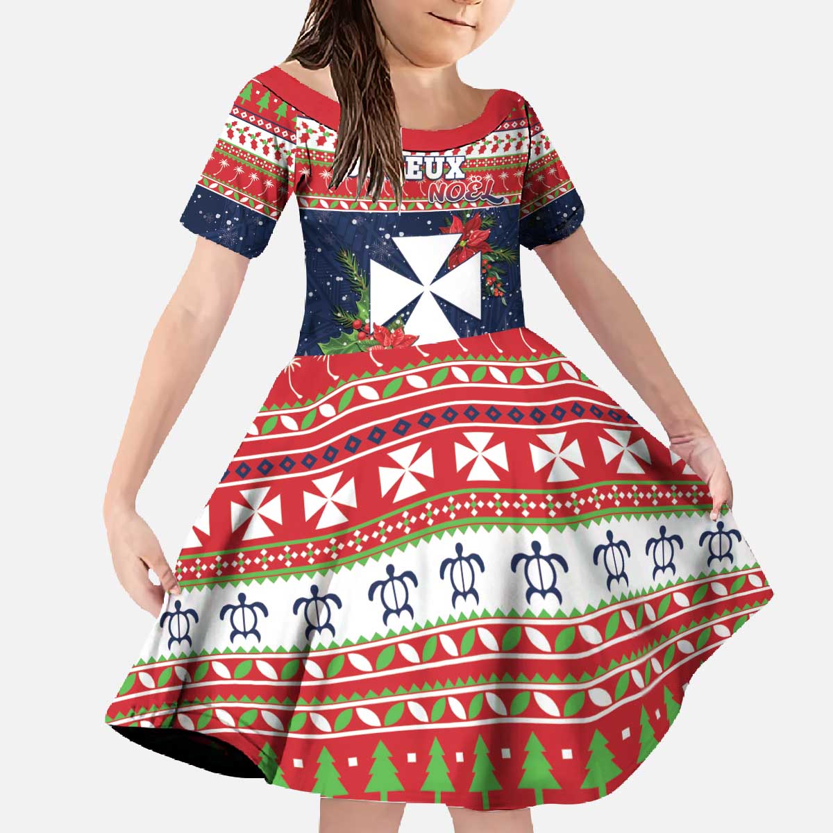 Wallis and Futuna Christmas Family Matching Off The Shoulder Long Sleeve Dress and Hawaiian Shirt Poinsettia Joyeux Noel LT05 Daughter's Dress Red - Polynesian Pride