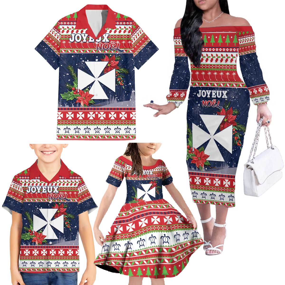 Wallis and Futuna Christmas Family Matching Off The Shoulder Long Sleeve Dress and Hawaiian Shirt Poinsettia Joyeux Noel LT05 - Polynesian Pride