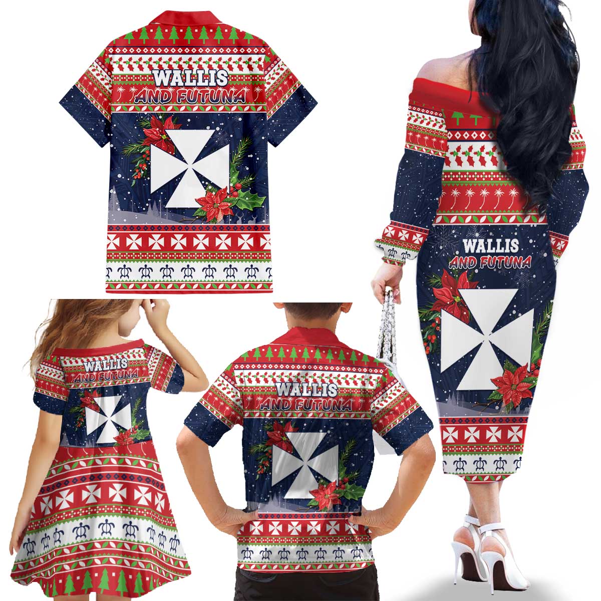 Wallis and Futuna Christmas Family Matching Off The Shoulder Long Sleeve Dress and Hawaiian Shirt Poinsettia Joyeux Noel LT05 - Polynesian Pride