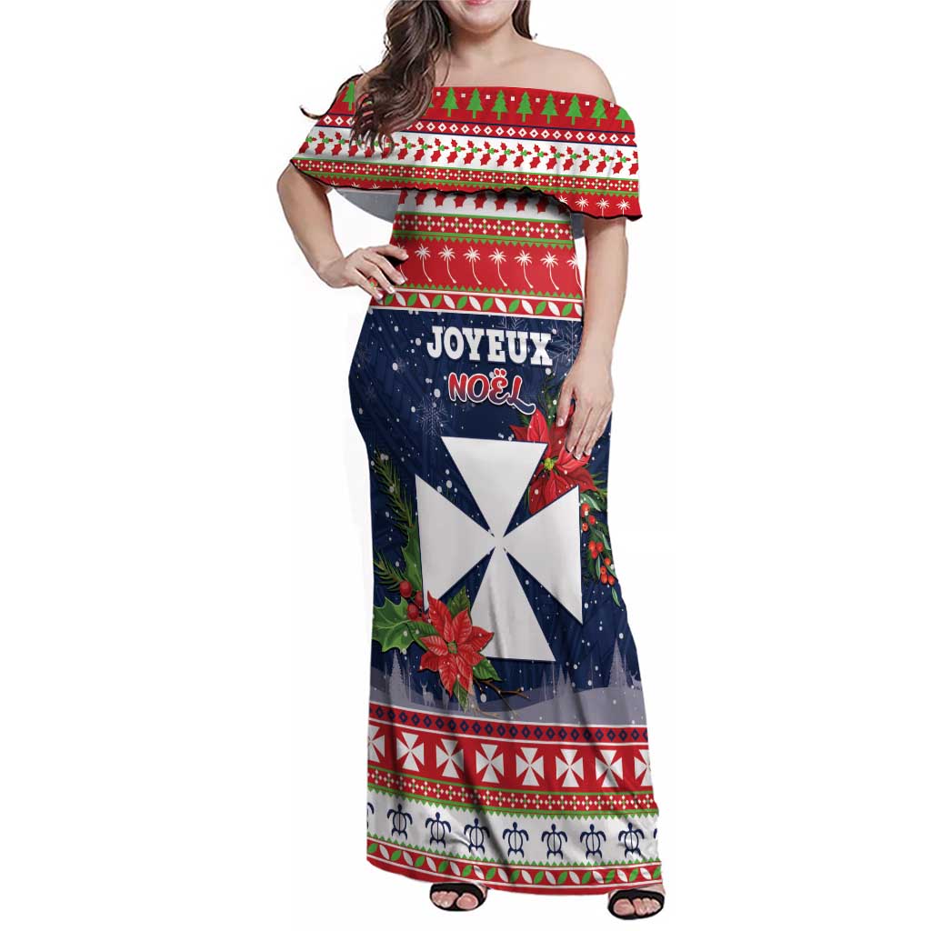 Wallis and Futuna Christmas Family Matching Off Shoulder Maxi Dress and Hawaiian Shirt Poinsettia Joyeux Noel LT05 Mom's Dress Red - Polynesian Pride