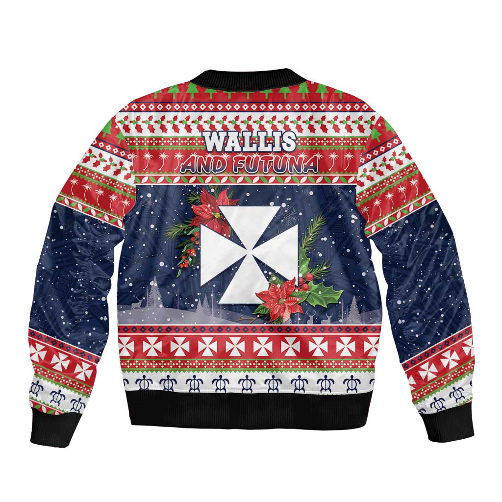 Wallis and Futuna Christmas Sleeve Zip Bomber Jacket Poinsettia Joyeux Noel