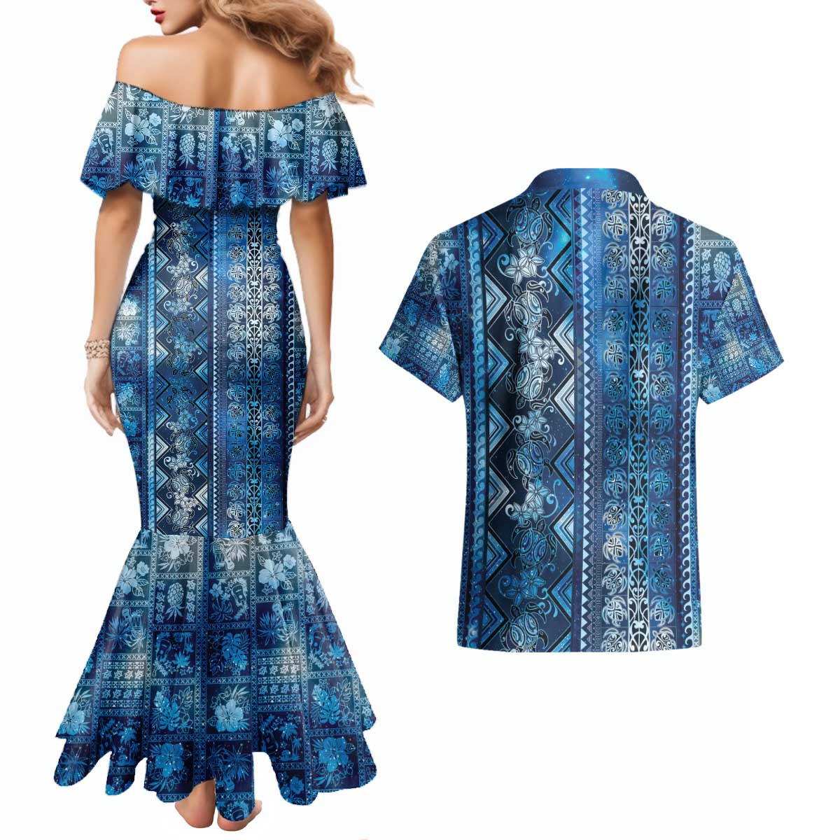 Hawaii Makahiki Turtle Couples Matching Mermaid Dress and Hawaiian Shirt Galaxy Tapa Pattern - Polynesian Pride