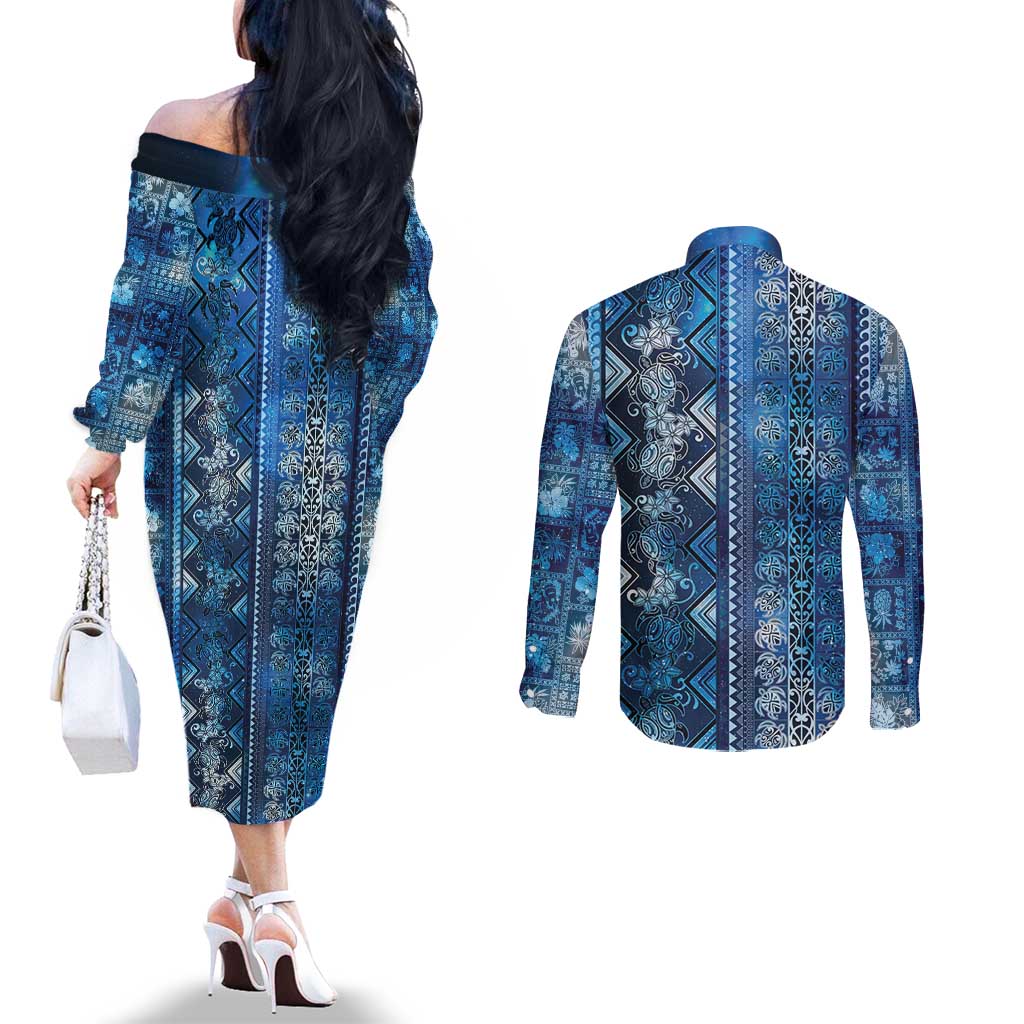 Hawaii Makahiki Turtle Couples Matching Off The Shoulder Long Sleeve Dress and Long Sleeve Button Shirt Galaxy Tapa Pattern - Polynesian Pride