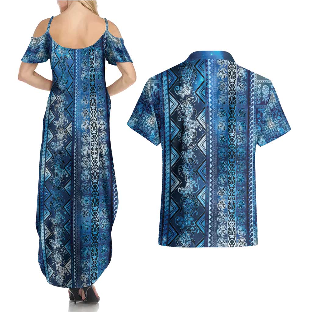 Hawaii Makahiki Turtle Couples Matching Summer Maxi Dress and Hawaiian Shirt Galaxy Tapa Pattern - Polynesian Pride