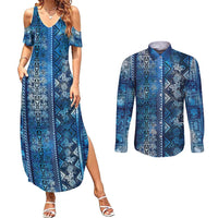 Hawaii Makahiki Turtle Couples Matching Summer Maxi Dress and Long Sleeve Button Shirt Galaxy Tapa Pattern - Polynesian Pride